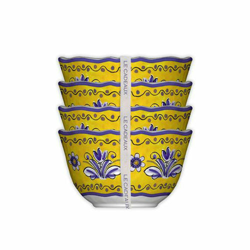 A set of four turquoise and yellow melamine desert bowls with floral patterns, displayed with a label in the center.